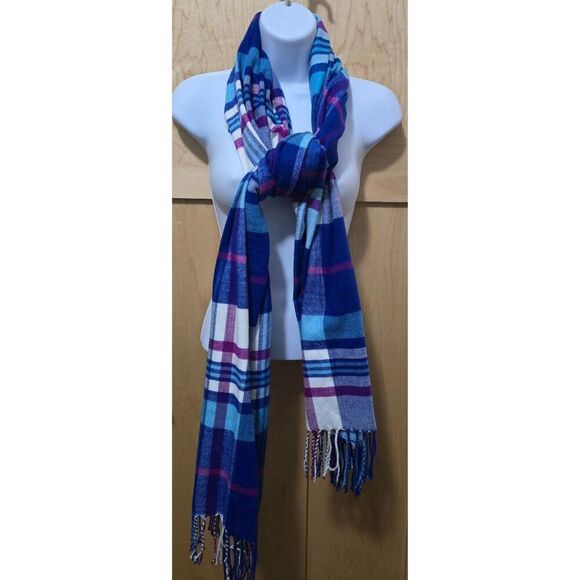 J. Crew Blue & Purple Plaid Woven Scarf With Fringe Edges cottagecore  grandma - Picture 3 of 4